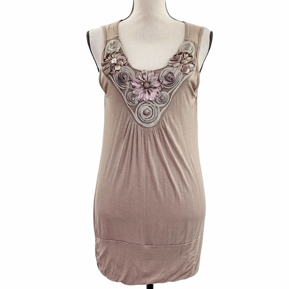 AGENDA Tan Embellished Beaded Sleeveless Blouse